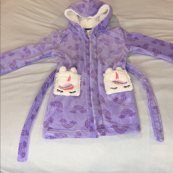 Pekkel Kid's Robe Purple and White Pajama with Hood and Unicorn Pockets - Picture 1 of 10